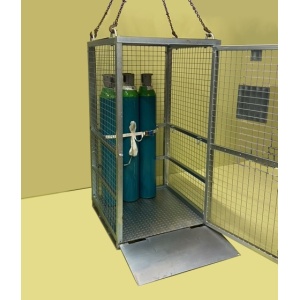 Gas Bottle Mesh Cage - Open With Bottles and Crane Hooks In Use